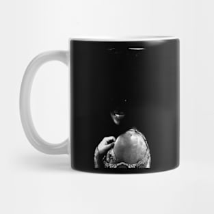 Special processing. Dark side. Girl with not visible face parts. Grayscale. Mug